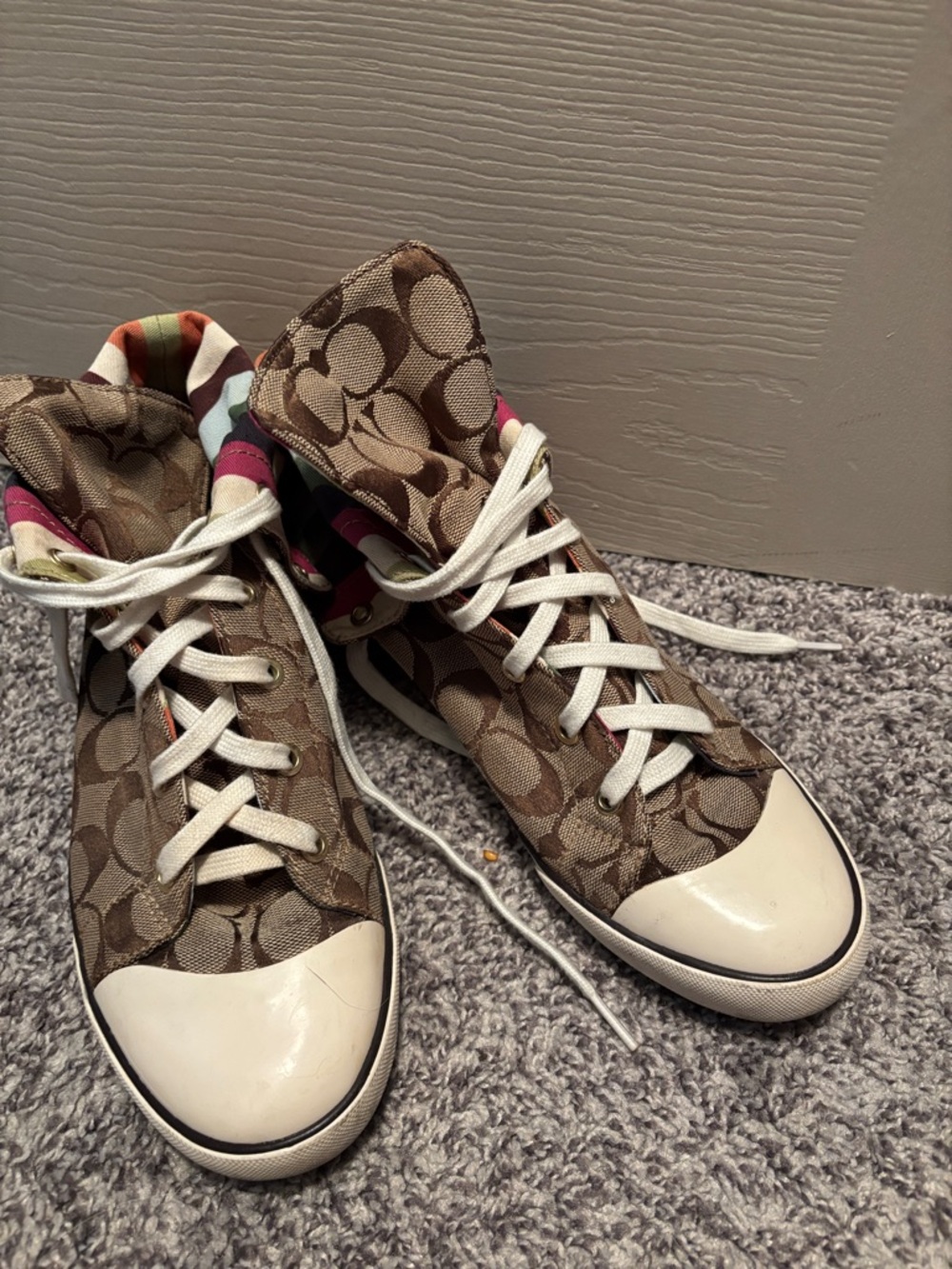 Coach Brown Signature High-Top Sneakers with White Toe Caps